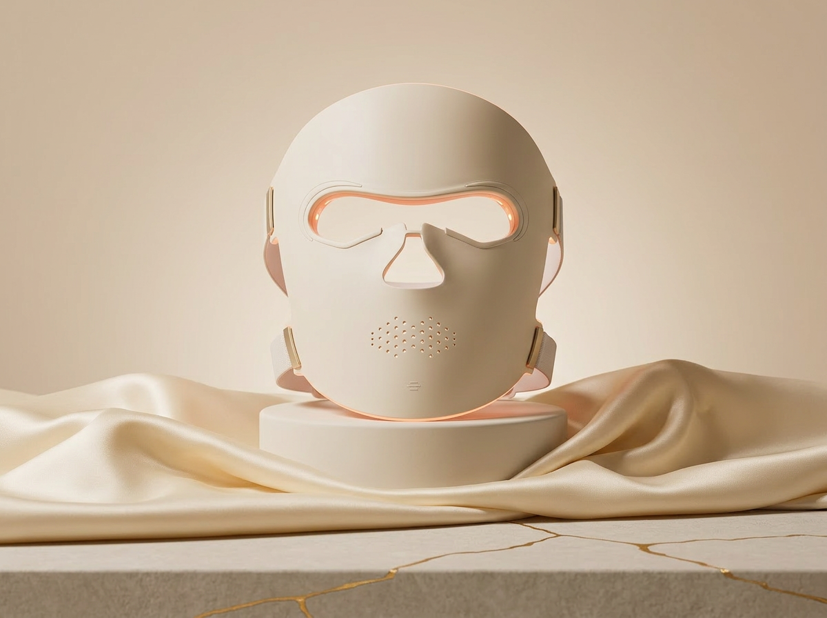 Kintsu Bloom LED Ritual Mask in a warm kintsugi-inspired still life