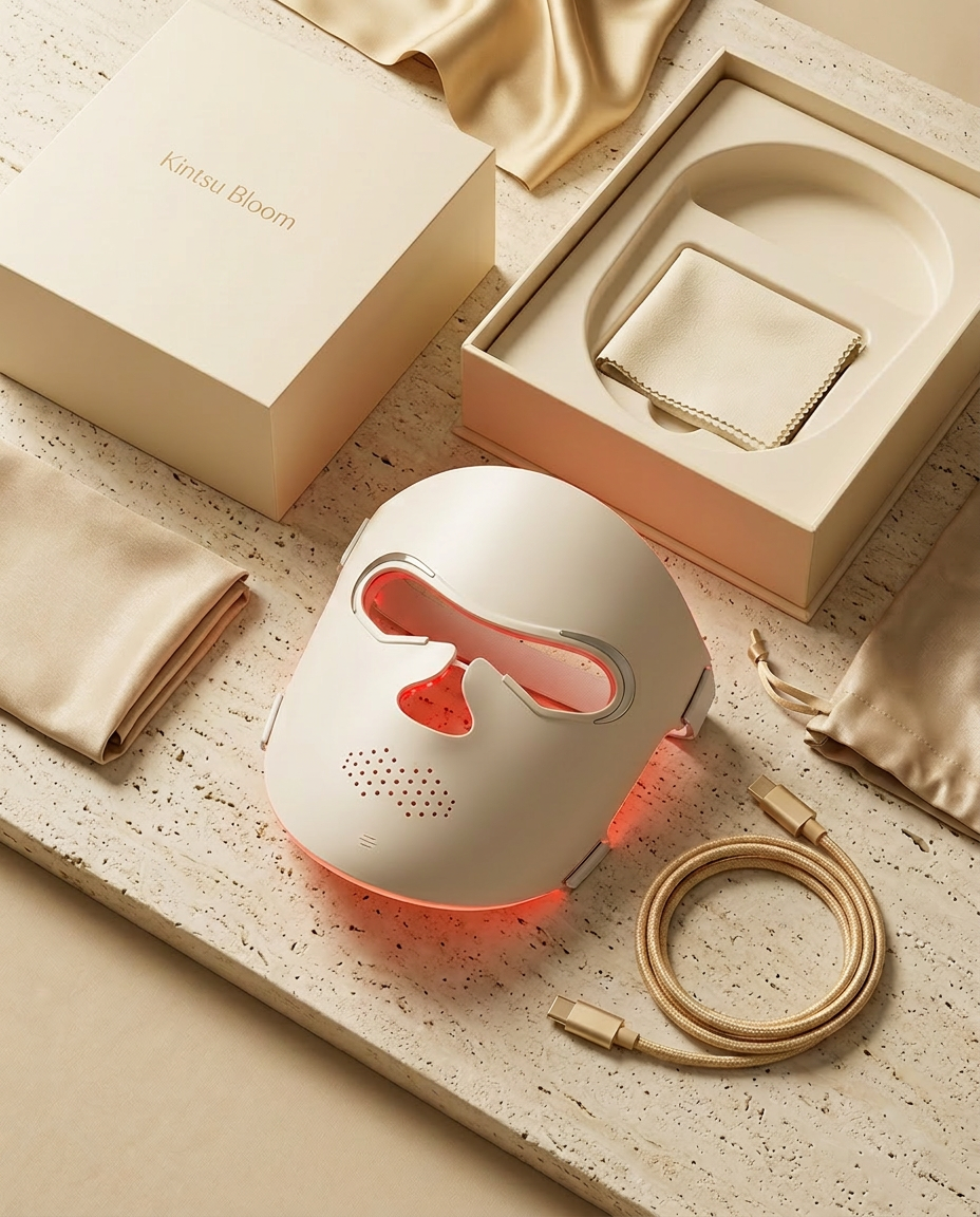 Kintsu Bloom LED Ritual Mask with its minimal ritual kit